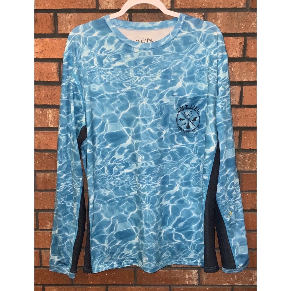 Salt Life Mens SLX Performance Fishing Shirt Blue Water Print Long Sleeve Size L